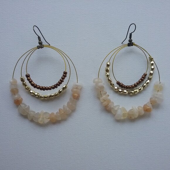 Large Boho Hoop Earrings Gold, Brown, & Natural Beads - Pre Owned - Picture 1 of 3